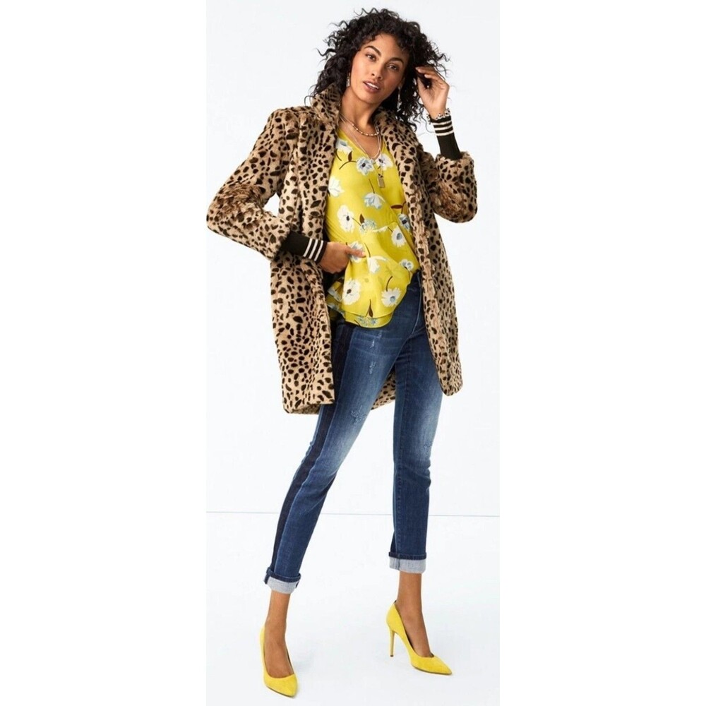 CAbi Josephine Leopard Faux Fur Coat Size Large L #3727 Removable Cuffs Exc Cond - Picture 2 of 9